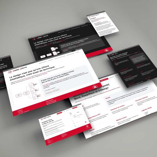 Maquette des pages du site internet de Pierre Weber, présentée sur différentes tailles d'écran en modes clair et sombre.