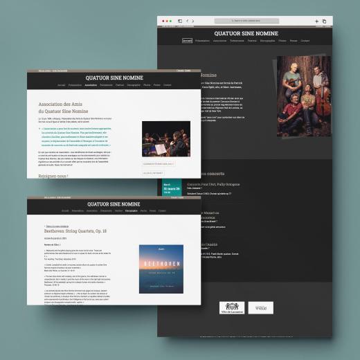 Vue de la page d'accueil ainsi que de deux pages de contenu du site du Quatuor